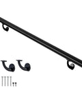 7FT Modern Aluminum Wall Mount Handrail Matte Black with zinc brackets and screws, ideal for staircases and decks.