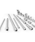 Heavy Duty Drive Tool Accessory Set With Three Drive Sizes One Quarter Inch, Three Eighths Inch And One Half Inch, 11 Extension Bars