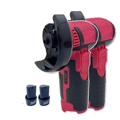 Compact Brushless Micro Angle Grinder Featuring Three Compatible 12 Volt Batteries Fits Standard M12 Style Systems in red and black.