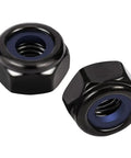 Nylon Insert Hex Lock Nuts 8-32, 304 Stainless Steel 18-8, Black Oxide Finish, pack of 50 for automotive and DIY projects, two nuts shown