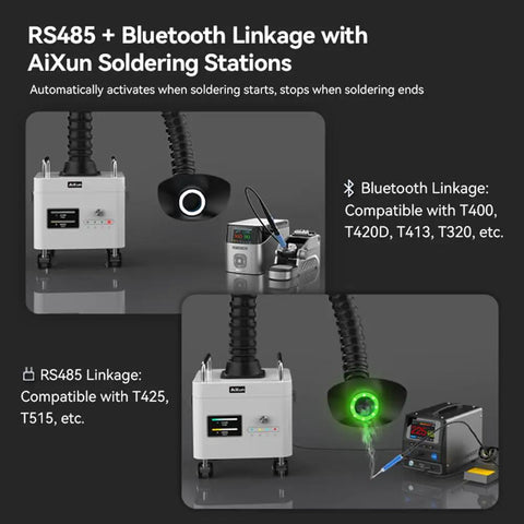 Heavy Duty Fume Extractor With Three Layer Filter For Industrial Workshops connected to AiXun soldering station, showing Bluetooth linkage.
