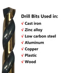 Heavy Duty Setup 6 Piece One Half Inch Black Gold High Speed Twist Drill Bit Set showing drill bit for use in various materials.