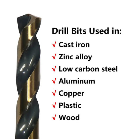 Heavy Duty Setup 6 Piece One Half Inch Black Gold High Speed Twist Drill Bit Set showing drill bit for use in various materials.