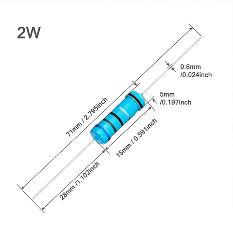 Diagram of 30 Pack 2W 47 Ohm Metal Film Resistors 47R Through Hole Current Limiting Tolerance 1 Percent, dimensions labeled.