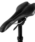 Side view of Top Lever Dropper Seatpost for Mountain Bikes, 410mm long with 125mm travel, attached to a black bike saddle.