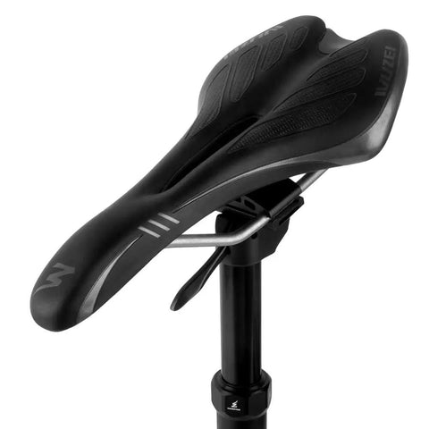 Side view of Top Lever Dropper Seatpost for Mountain Bikes, 410mm long with 125mm travel, attached to a black bike saddle.