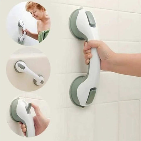 Suction cup bathroom grab bar for safety, handheld grip on tiled wall, two circular suction mounts visible
