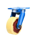 Top Shelf Heavy Duty Swivel Caster Wheels With Locking Brakes Feature Bulletproof Steel Cores And Grippy Nylon Treads viewed from side with yellow wheel and blue frame.