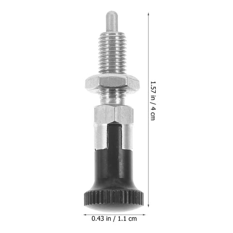 Heavy Hitter Stainless Steel Spring Plunger Pin With Knurled Handle Retractable Self Locking Positioning Stop For Shop Tool Boxes Cabinet Drawers Or Machinery Indexing, side view showing dimensions.
