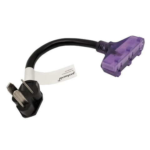 Dryer Adapter Cord 10-30P to Three 5-15R Outlets with Lighted Receptacles, 125V Output Up to 3750W, 1 Ft Heavy-Duty No-Fuss Tri-Outlet Converter for 220V/250V to 110V/125V Dryer Use, 10 AWG Copper, showing plug and outlets