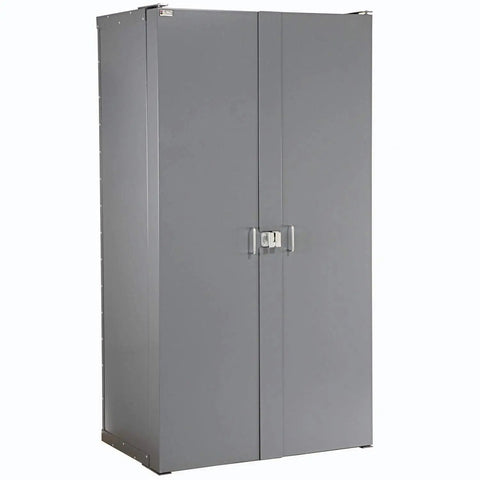 Rock Solid Deep Door Bin Cabinet With One Hundred Thirty Six Red Plastic Storage Bins For Heavy Duty Workshop Tool Organization And No Fuss Garage Setup Built American Tough With Secure Padlock Hasp Included, gray steel cabinet, closed, heavy duty.