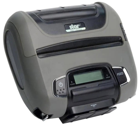 Rock Solid 4 Inch Portable Bluetooth Receipt Printer With Tear Bar High Speed Mobile Thermal Device For IOS Android Windows, gray housing.