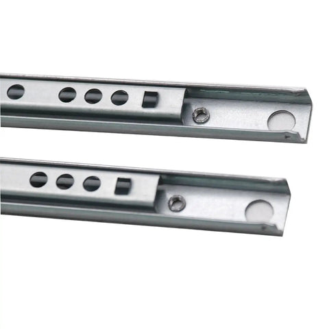 Full Extension Drawer Slides 1 Pair 8 To 16 Inch 17mm Wide Two Section Steel Cabinet Rails close-up view of holes and steel construction