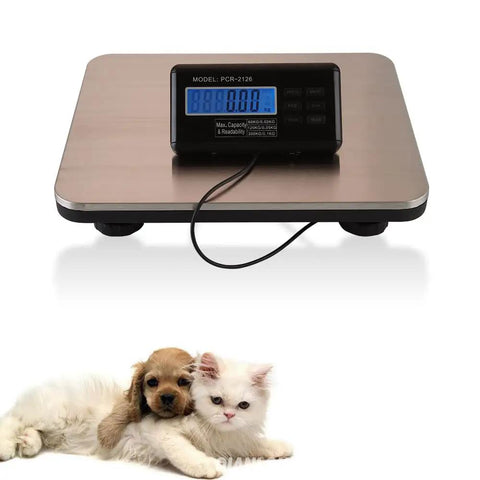 Heavy Duty Digital Shipping Scale With Six Hundred Sixty Pound Load And Smooth Stainless Steel Platform For Real Deal Accurate Parcel Weighing Plus Straight Up LCD Readouts on a flat surface with a puppy and kitten.