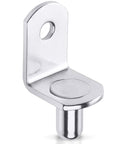 Close-up of a nickel-plated steel bracket from 40 Pcs Shelf Pins L Shaped Bracket Clips Nickel Plated With Hole One Quarter Inch Diameter.