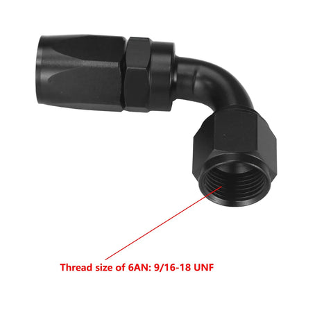 6AN 90 Degree Swivel Hose End Fittings for CPE Fuel Hose with 9/16-18 UNF Threads, Made From 6061-T6 Aluminum, Handles Up To 1500 PSI, Wide Temperature Range -65F To 252F, Compatible With Nylon Braided Lines, Two Pack for Quick Upgrades, black 90-degree fitting with 9/16-18 UNF threads