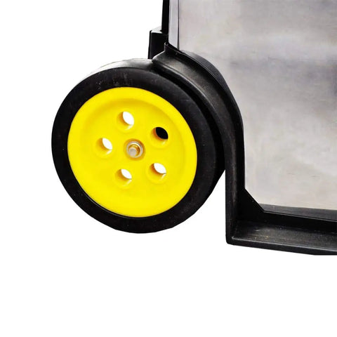 Close-up of yellow wheel on Rolling Three Part Toolbox Kit With Easy Grip Handle, Mobile Organizer On Wheels For Tools, Hardware, And Crafts.