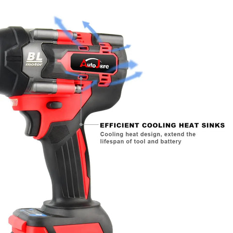 Cordless One Half Inch Impact Wrench Kit With Brushless Motor 20V Max Rechargeable Lithium Ion Battery, cooling heat sinks visible.