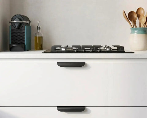 Distinctive Style Black Cabinet Handles Set, 5.9-Inch Aluminum Finger Pulls, 5-Inch Center-To-Center, Includes 20 Screws, modern kitchen view