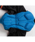 Close-up of blue padded gel cycling shorts insert, designed for comfort and support during long bike rides.