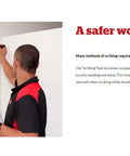 Person using Heavy Duty Tungsten Carbide Scribing Tool Imperial Metric Gauge one-handed on a ladder for precise cutting.