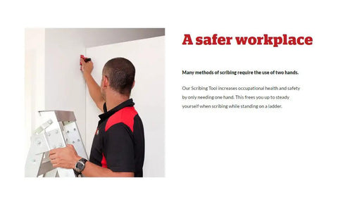 Person using Heavy Duty Tungsten Carbide Scribing Tool Imperial Metric Gauge one-handed on a ladder for precise cutting.