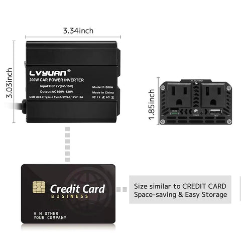 Road Trip Ready 200W Car Power Inverter 12V To 110V AC with dimensions 3.34x3.03x1.85 inches next to a credit card for size reference.