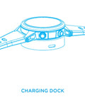 Diagram showing the Tern Dive Computer with a high-resolution display on its charging dock, highlighting user-rechargeable battery feature.