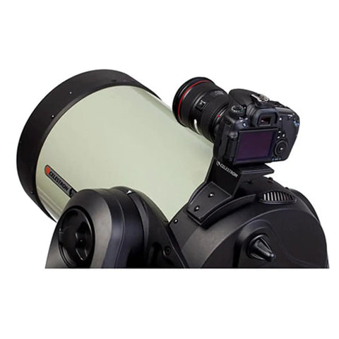 Universal Camera Piggyback Mount For Telescopes Lets Your DSLR Or Mirrorless Shoot Wide Angle Sky Photos While Your Telescope Drives The Show Perfect For Milky Way Moon Nebulae And Deep Sky Imaging On SCT Gear attached to Schmidt-Cassegrain telescope with camera mounted