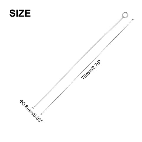 Stainless Steel Eye Pins 200 Pieces 0.8mm 22 Gauge 70mm Flat Headpins For Jewelry Making DIY Beads Necklaces Earrings Bracelets Bead Links Silver Perfect For Creating Bold Dangle Jewelry, size diagram showing one 70mm eye pin