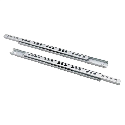 Full Extension Drawer Slides 1 Pair 8 To 16 Inch 17mm Wide Two Section Steel Cabinet Rails close view on white background