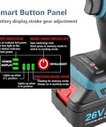 Smart button panel of Cordless Rivet Nut Tool Set With 5200mAh Battery shows battery indicator and gear adjustment options.