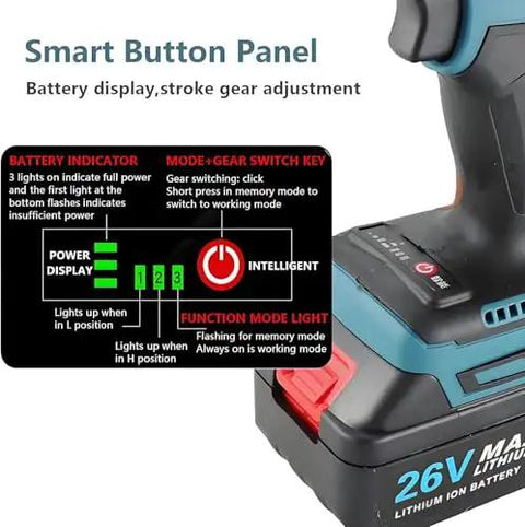 Smart button panel of Badass Cordless Rivet Nut Gun with battery display and gear adjustment features for metal tasks.