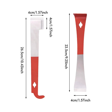Beekeeping Hive Tools Set Pro Grade With Stainless Steel J Hook And L Hook frame lifter scraper, dimensions shown, side view.