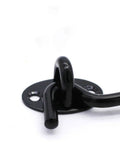 Close-up of a black stainless steel Hook and Eye Latch for Gate Cabin Cabinet Door Window with Mounting Screws.
