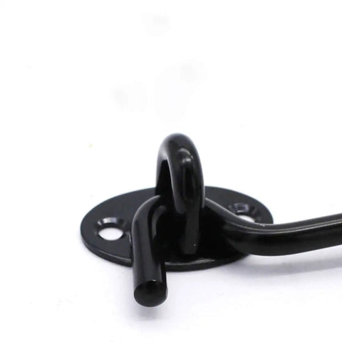 Close-up of a black stainless steel Hook and Eye Latch for Gate Cabin Cabinet Door Window with Mounting Screws.