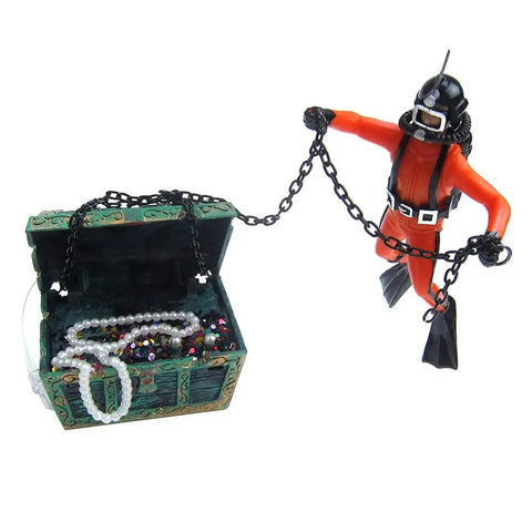 Live Action Undersea Treasure Chest Aquarium Ornament With Diver Air Bubbler For Aerating Your Fish Tank Durable Orange Resin Decoration