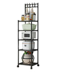 Super Tough As Nails Five Tier Rolling Shelving Unit Heavy Duty Storage Rack with kitchen appliances and bowls organized.
