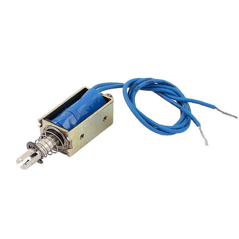 DC Solenoid Electromagnet 12V 300mA Pull Push Type With 5N Force And 10mm Stroke Metal Body In Blue Gold Tone Reliable Performance For DIY Projects Industrial Gadgets And Enclosures, blue wire leads