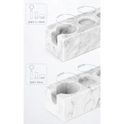 Top Shelf Marble Espresso Tamper Holder Stand Fits 51mm And 54mm Coffee Tools pro grade with different cup sizes visible.