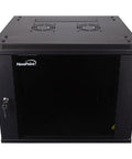 Heavy Duty 9U Wall Mount Server Cabinet Built Like A Tank Network Storage Rig Featuring Lockable Glass Door and Dual Fan Cooling System.
