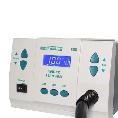 Front view of 861DW 1000W Hot Air Rework Station with digital display showing temperature, featuring control buttons and power switch.