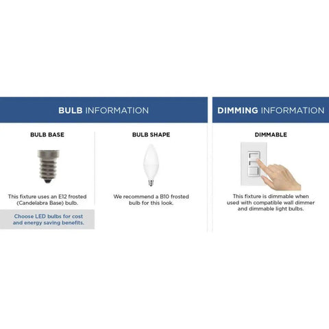 Bulb and dimming information for Inspire Collection 3 Light Chandelier In Antique Bronze With Waving Metal Arms And Off White Linen Shades