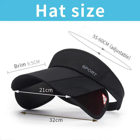 Black Women Sun Visor Hat With Retractable Brim And Adjustable Fit With Measurements For Golf Beach And Tennis Use With UV Protection