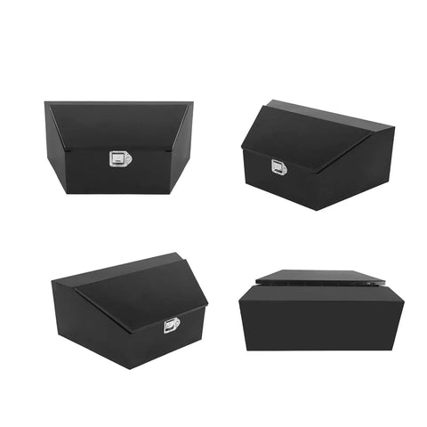 Heavy Duty Steel Thirty Six Inch Trailer Tongue Tool Box With Reinforced Lid in black from multiple angles.