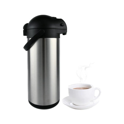 Stainless Steel Thermal Carafe Airpot Large Beverage Dispenser with Triple Wall Vacuum Insulation Keeps Coffee Tea Water Hot for Hours 5 L 170 Oz Easy Pump Top Portable for Picnics, Parties, and Office next to steaming cup of coffee.