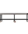 Heavy Duty Welding Fixture Table With 120X60 Inch Precision Laser Cut Grid And Raised Storage Shelf, side view, mobile with caster wheels.
