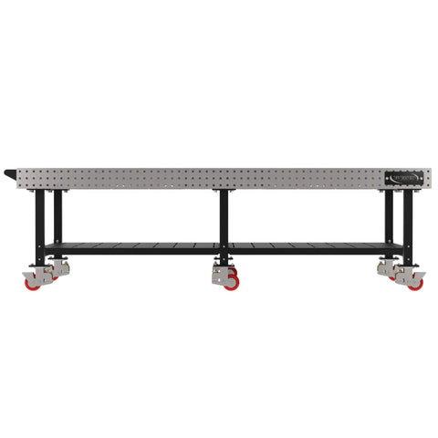 Heavy Duty Welding Fixture Table With 120X60 Inch Precision Laser Cut Grid And Raised Storage Shelf, side view, mobile with caster wheels.