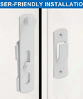 White Stainless Steel Barn Door Latch 3.93 x 2.75 Inch with easy install feature shown on cabinet door