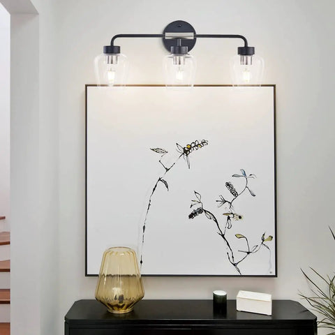 Three Light Vanity Light Fixture With Clear Glass Shades, Matte Black Back Plate And Brushed Nickel Accents, Powder Room Wall Light For Mirror, Modern Industrial Look